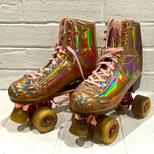 Goupsky Rosegold Chrome Roller Skates with Brown Marbled Wheels and Toe Stopper